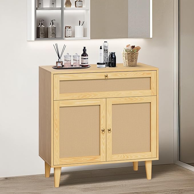 Storage Cabinet with Rattan Decor Doors & Drawer, Modern Bathroom Floor Storage Cabinet Organizer, Freestanding Cupboard for Kitchen/Living Room Use