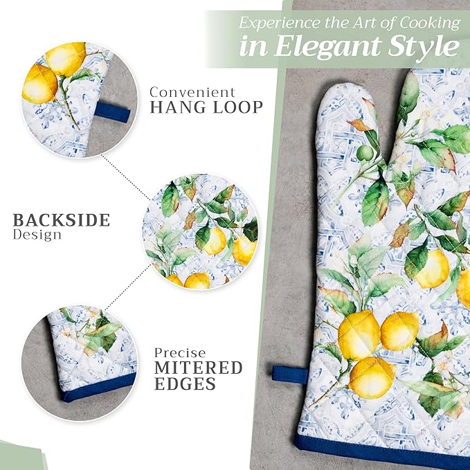 Maison d' Hermine 100% Cotton Oven Mitt & Pot Holder Set (7.5"x13" & 8"x8") Heat Resistant BBQ Cooking Gloves with Loop, Baking, Grilling, Kitchen, Handling Hot Pans Spring/Summer (Citrus)