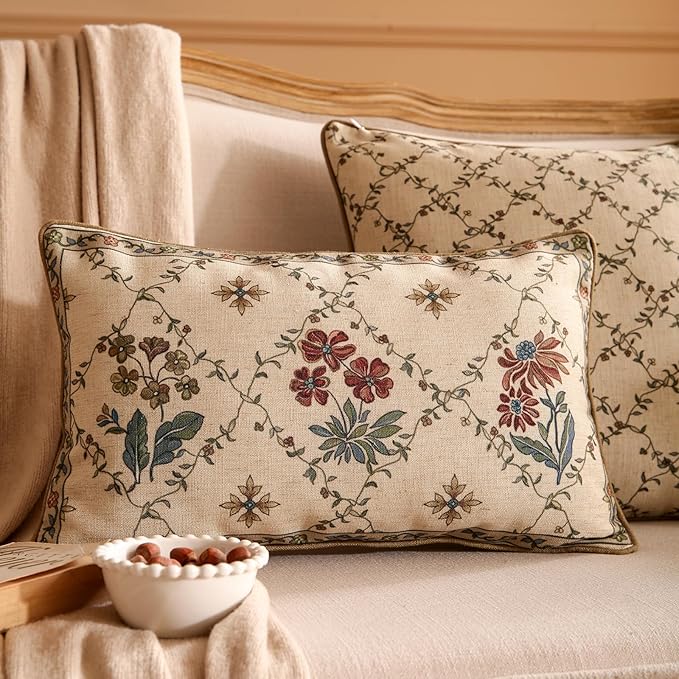 patdrea Designer Throw Pillow Covers Set of 2,Rectangle Vintage Light Brown Linen with Floral Pattern Pillow Cover,Decorative Lumbar Pillowcases Cushion for Bed Living Room Outdoor Car,12"x20"