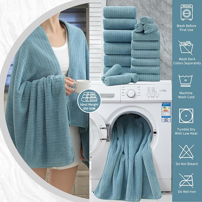 18 Piece Bath Towels Set,Soft Family Bathroom Towel Set with Hanging Loops-6 Bath Towels,6 Hand Towels,6 Washcloths,Highly Absorbent Quick Dry Shower Towel for Bathroom,Hotel,Spa-Turquoise Towel Set