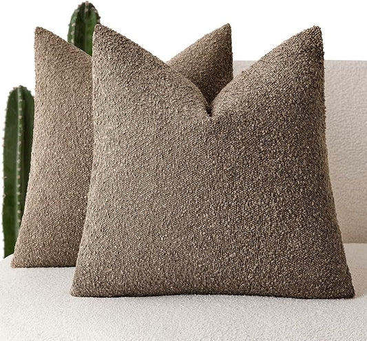 Foindtower Pack of 2 Textured Boucle Throw Pillow Covers Accent Solid Pillow Cases Cozy Soft Decorative Couch Cushion Case for Chair Sofa Bedroom Living Room Home Decor 18x18 Inch Light Brown