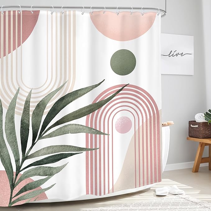 Glawry Pink Green Boho Shower Curtain Abstract Mid Century Tropical Leaves Modern Geometric Minimalist Arch Sun Bathroom Aesthetic 60Wx72L Inches Bath Accessories Art Home Decor Fabric 12 Pack Hooks