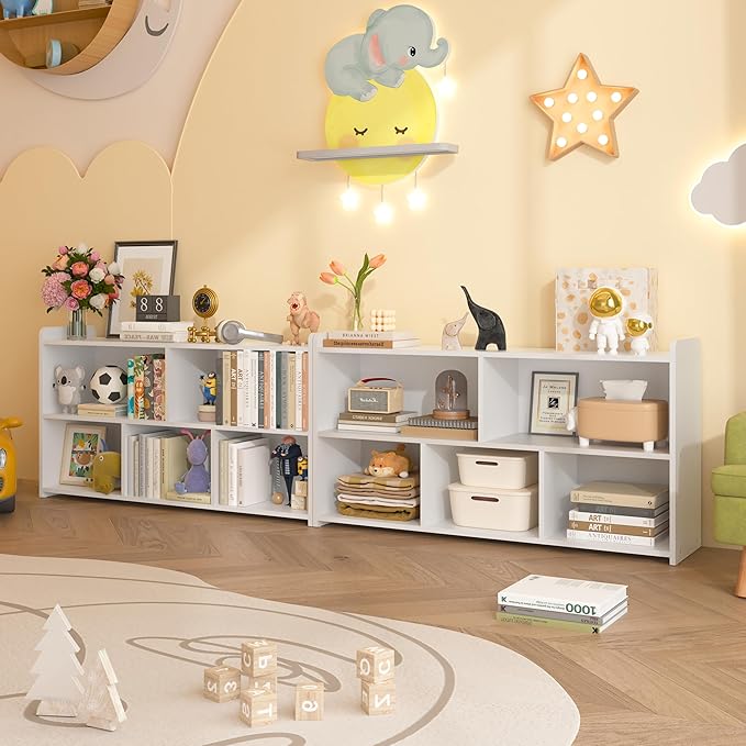 Kids Book Shelf Set of 2, 5 Cubes Storage Organizer Montessori Shelf, Wooden Kids Bookcase, Toy Storage Organizer for Children, White Toddler Bookshelf Cube Shelf for Kid’s Room, Classroom