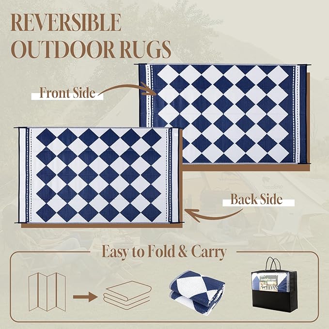 OMERAI Reversible Waterproof Outdoor Rug for Backyard,Plastic Textured Resistant Outdoors Rugs,Portable Washable Easy Cleaning Foldable Camping Beach Carpet for Patio Courtyard, 6'x9' Blue & White