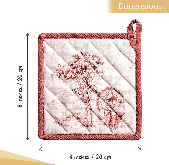 Maison d' Hermine Pot Holders 100% Cotton Heat Resistant Potholders 8" x 8" Hot Pads with Loop for Thanksgiving Christmas Decorations BBQ Cooking Handling Hot Pans (Pack of 1, Holy Jouy - Brown)