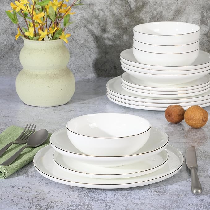 Gibson Elite Lana 16 Piece Bone China Double Plates and Bowls Dinnerware Set, White w/Gold Rim