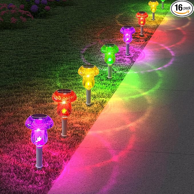 Solar Lights Outdoor, 16 Pack Mushroom Lights Outside Waterproof, Solar Powered LED Lighting for Garden, Yard, Landscape, Path, Pathway, Lawn, Walkway, Driveway, Backyard Decor (Multicolor)
