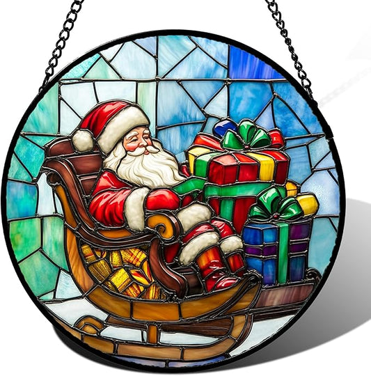 Stained Glass Window Hanging - Santa Claus Gift BoxSuncatcher for Doors Home Christmas Decoration Winter Sun Catcher Thanksgiving New Year Birthday Gift for Women Men Mom Nana 15 in