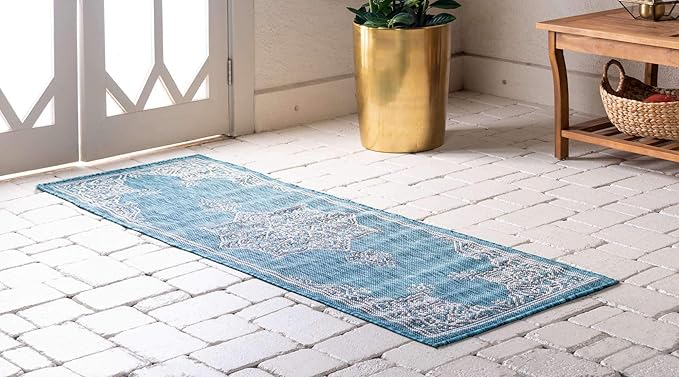 Unique Loom Outdoor Traditional Collection Area Rug - Antique (2' x 6' 1" Runner, Teal/ Gray)