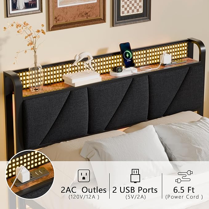 Furnulem Full Bed Frame with LED Lights,Headboard with Charging Station and USB Port,Upholstered Platform Bedframe Metal Support,No Box Spring Needed