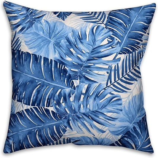 Blue Watercolor Fronds Indoor/Outdoor Pillow | Decorative Pillows for Living Room Couch Bed Sofa Patio, Fluffy Soft Cushion | Water Resistant Blue, 18x18