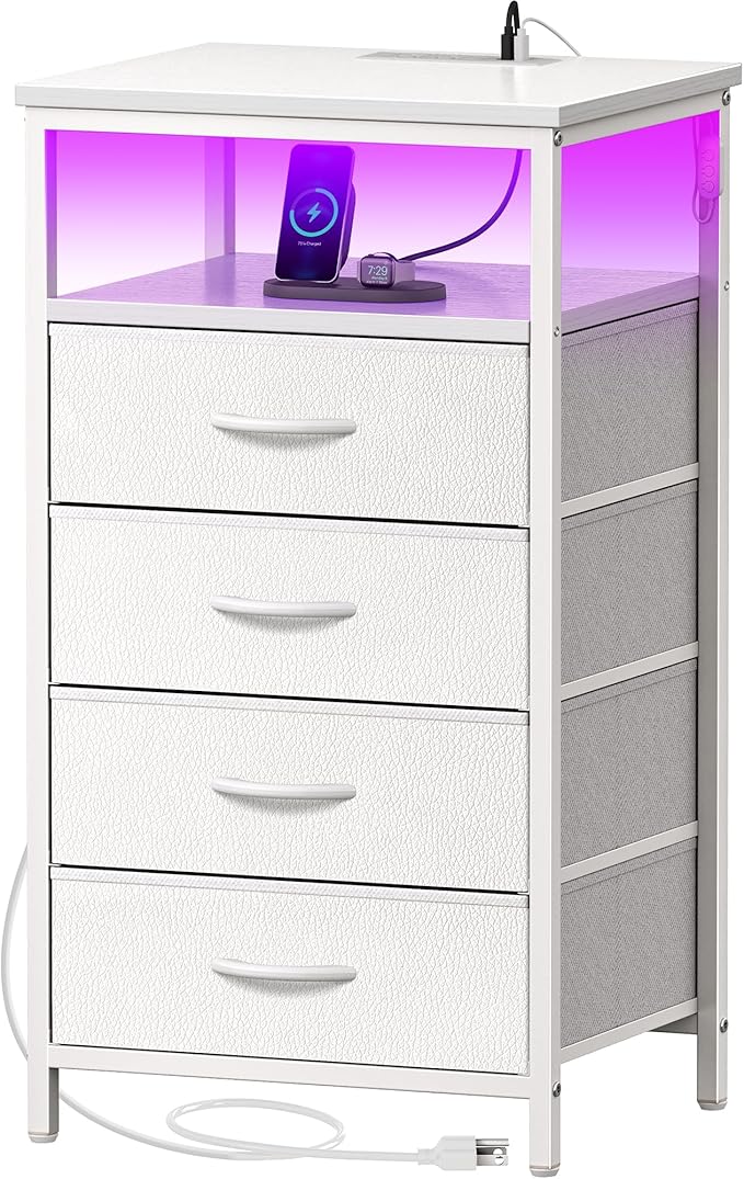 Huuger Night Stand with Charger Station and LED Lights, 4 Drawer Nightstand, Bed Side Table with Open Shelf, End Table, Fabric Dresser for Bedroom, PU Leather, White