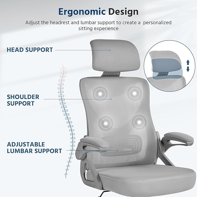 Yaheetech Ergonomic Mesh Office Chair, High Back Desk Chair with with flip-up Armrests, Adjustable Padded Headrest Computer Chair with Lumbar Support for Home Oiffce Game Room, Full Gray