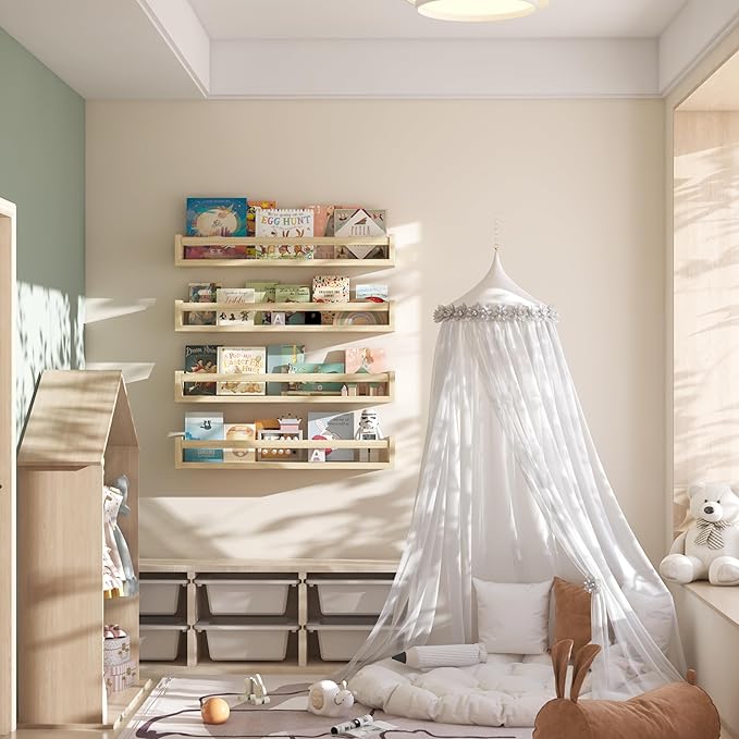 Onlysky Set of 4 Wall-Mounted Kid's Bookshelf - Wood Floating Nursery Book Shelves - Durable Wood Construction - Ideal for Nursery Decor, Kids Room, Toy Storage