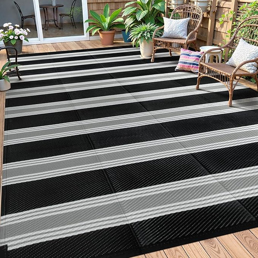 Lahome Striped Outdoor Plastic Straw Rug, Reversible Outdoor Rug Waterproof 9x12 Rugs for Patio, RV Camping Rug Picnic Mat Outside Large Carpet for Beach Deck Backyard Balcony(Black/Grey,9'x 12')