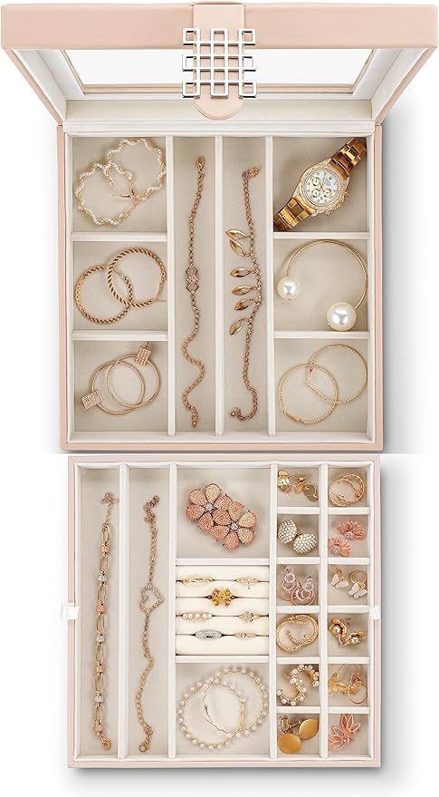 Co 28 Section Jewelry Box - 2 Layer - Buckle Snap & Magnet Closure - Large Glass Top - Leather Design - Sand - Jewelry Organizer for Women & Girls - for Earring Ring Necklace & Bracelet
