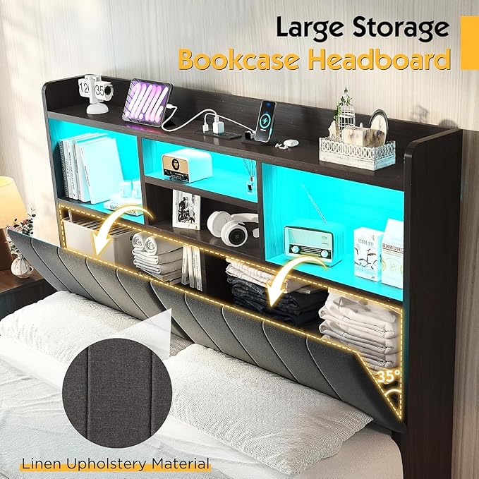 King Farmhouse Bed Frame with Bookcase Headboard and 4 Drawers, LED Storage Bed with Charging Station & Linen Upholstered, No Box Spring Needed,Black