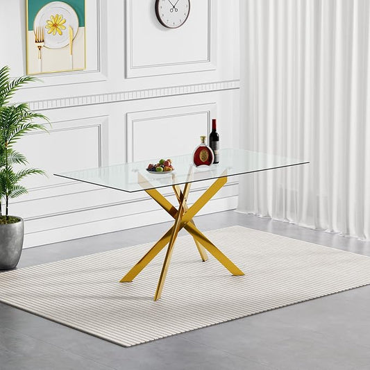 51.18" Glass Dining Table for 4-6, Dining Room Table with Clear Tempered Glass and Gold Metal Legs, Modern Rectangular Kitchen and Dining Room Dinner Table for Kitchen