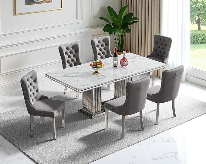 68" Faux Marble Dining Table Set for 6, 7-Piece Dining Set with White Silver Kitchen Table and 6 Velvet Tufted Chairs, Modern Rectangular Dining Room Tables with Column-Shape Stainless Steel Base
