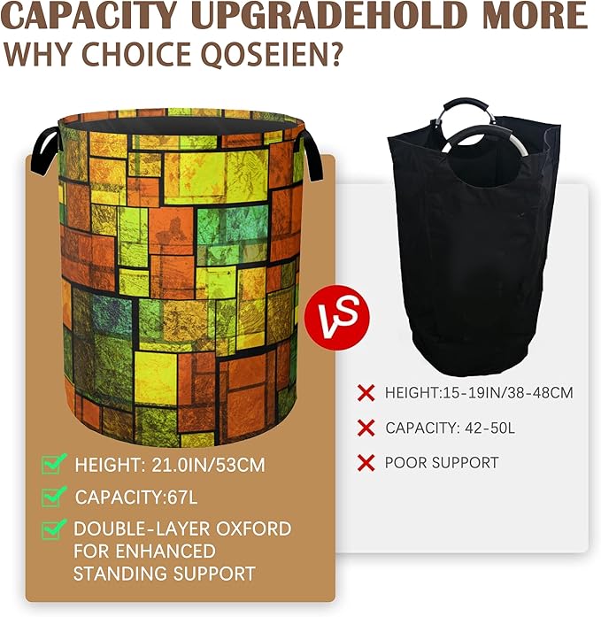 Laundry Basket,Colorful Stained Collapsible Laundry Baskets,Glass Wall Waterproof Oxford Hamper with Handles for Bathroom Bedroom Nursery Home Storage 16"x20"