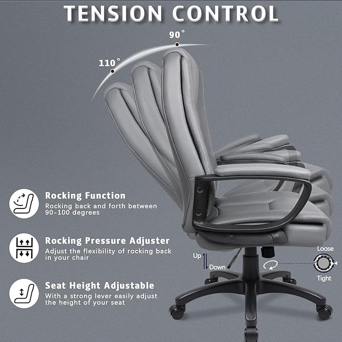 LEMBERI Office Desk Chair, Big and Tall Managerial Executive Chair, High Back Computer Chair, Ergonomic Adjustable Height PU Leather Chairs with Cushions Armrest for Long Time Sitting (Grey)
