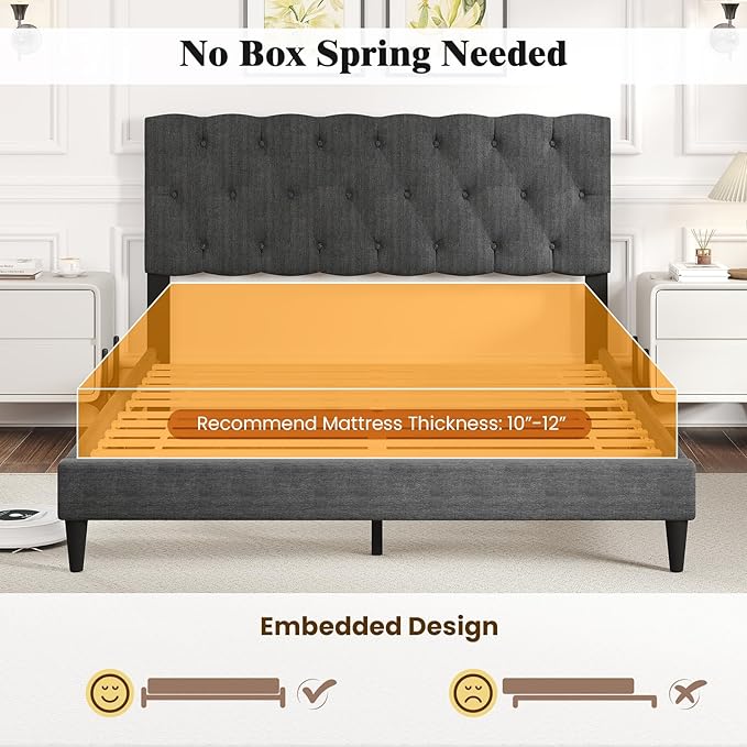 Giantex Queen Platform Bed Frame, Modern Upholstered Bed Frame with Diamond Tufting Headboard, Wooden Slats Support, No Box Spring Needed, Gray