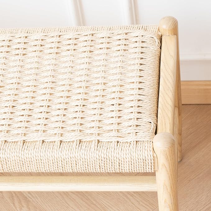 Solid Wood Entryway Bench with Shoe Storage, Rustic Oak Wood and Woven Design 31.5 Inch Long Seating for Living and Dining Rooms,Nature