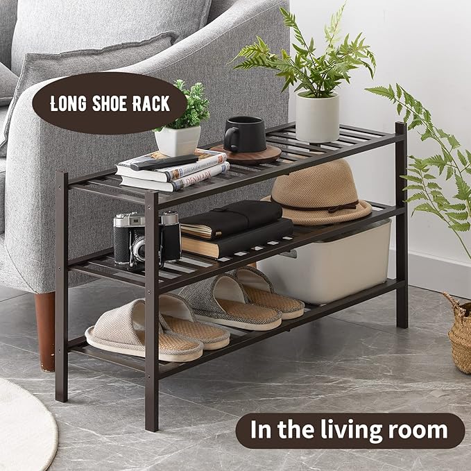 Long Shoe Rack, 3-Tier Bamboo Stackable Shoe Shelf Storage Organizer, Shoe Stand for Closet, Entryway and Hallway