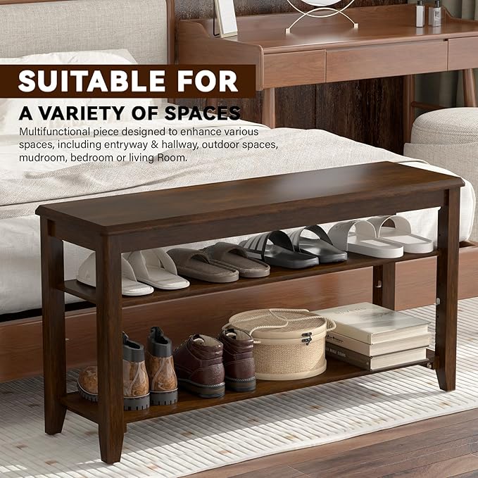 Shoe Bench Storage Rubberwood, Entryway Bench with 3-Tiers Height Adjustable, Shoe Rack Front Door Entrance Organizer for Hallway Living Room, Mudrooms, Walnut,39.4"