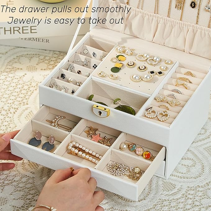 3 Layer Jewelry Box, Jewelry Holder Organizer with Jewelry Organizer Drawer, Large Jewelry Boxes & Organizer with Velvet Earring Organizer, Lockable Jewelry Holder, Unique Gifts for Women Mom (White)