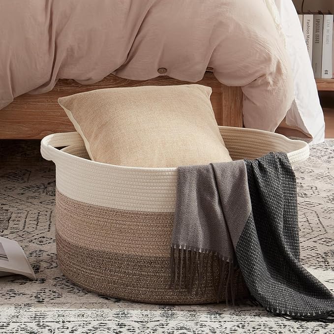 OIAHOMY Extra Large Storage Basket, 24" x 15" Woven Blanket Storage for Living Room, Round Laundry Basket for Pillow - Gradient Brown