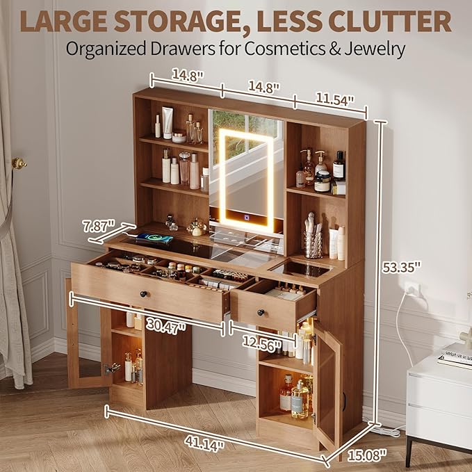Vanity Desk with Mirror and Lights, Glass Top Vanity Desk with Sliding LED Mirror & 3-Color Lights, Makeup Dressing Table with Storage Drawers, Rainbow Glass Cabinets, USB/AC Outlets, MDF Beauty Hub