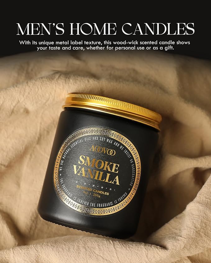 AOOVOO Scented Candle for Home Scented - Wood & Vanilla Scented Candles | Strong Fragranced Soy Mens Candles | Masculine Candle, Wood Wicked Candles | Smokey & Vanilla Candle in Black Jar, AO-LZY0152