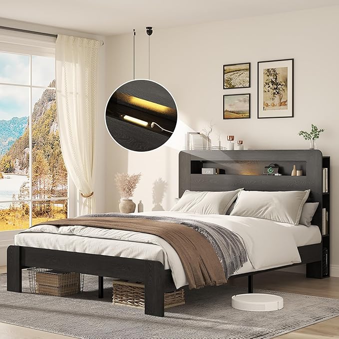 Wooden Bed Frame Queen Size with Storage Headboard - Farmhouse Platform Bed Frame with Bookcase Shelf & Led Lights, Sturdy Wood Slat Framework Bed Frame (Black LED)