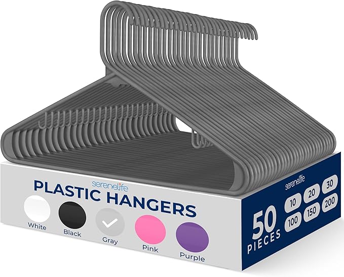 SereneLife 50 Pack Plastic Hangers, Non-Slip, Space-Saving Closet Organizers, Durable and Strong for Shirts, Sweaters, Hoodies, Kids Clothes & Dresses, Ultra-Thin, Lightweight