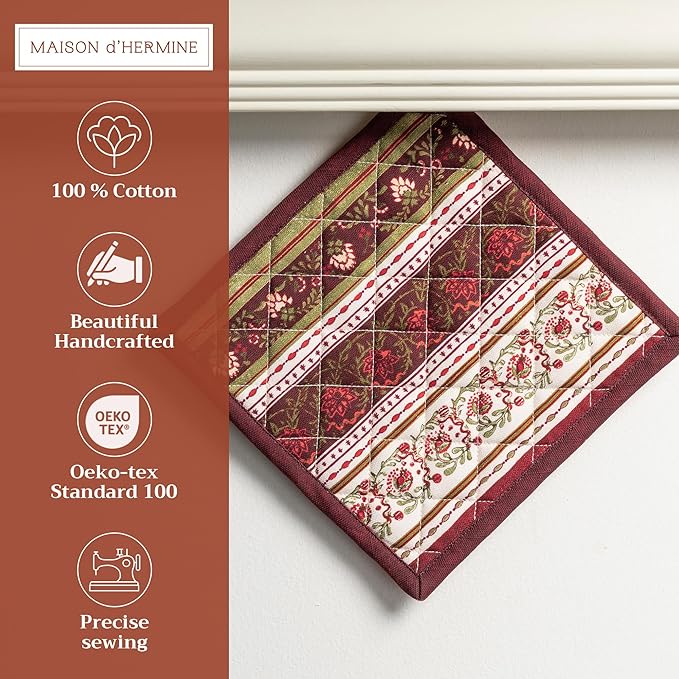 Maison d' Hermine Pot Holders Set 100% Cotton Heat Resistant Potholders 8" x 8" Hot Pads with Loop for Thanksgiving Christmas Decorations Baking Handling Hot Pans (Pack of 2, Reveillon Au Jardin)