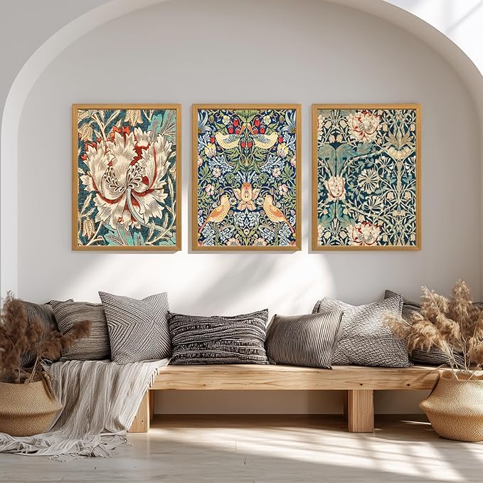 FASWQ Wood Framed William Morris Wall Art, Nouveau Vintage Botanical Wall Decor, Retro Intricate Floral Animal Canvas Painting, Retro Natural Flower Bird Poster Print for Living Room Bedroom 16"x24"x3