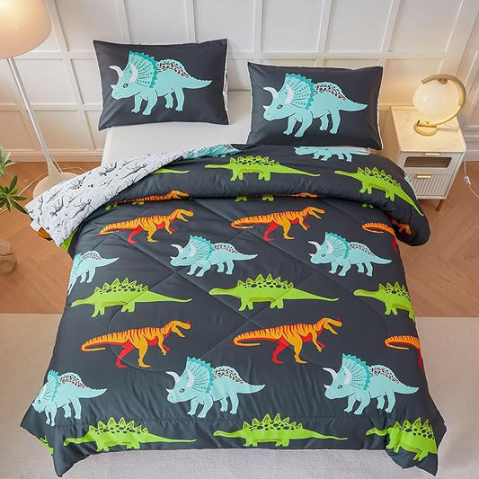 RYNGHIPY Dinosaur Bedding Set - Twin Size Kids Comforter Set for Boys & Girls - Soft, Breathable, Cute Dinosaur Bed Set for All Season (Black, Twin)