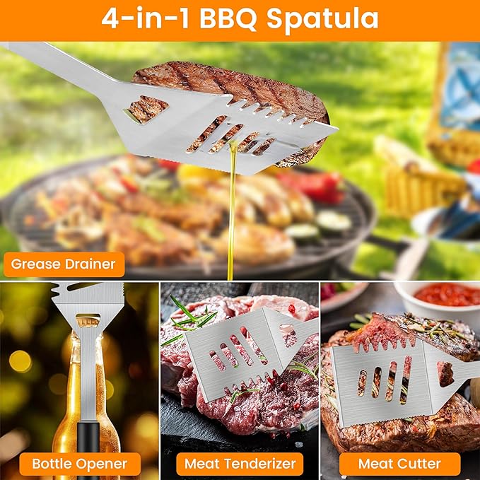 Grill Accessories Kit, Grill Tool Set with 4-in-1 BBQ Spatula, Fork, Tongs, Cleaner Brush, Skewers, Silicone Corn Holders, Silicone Brush, Grilling Gift Set for Men and Women