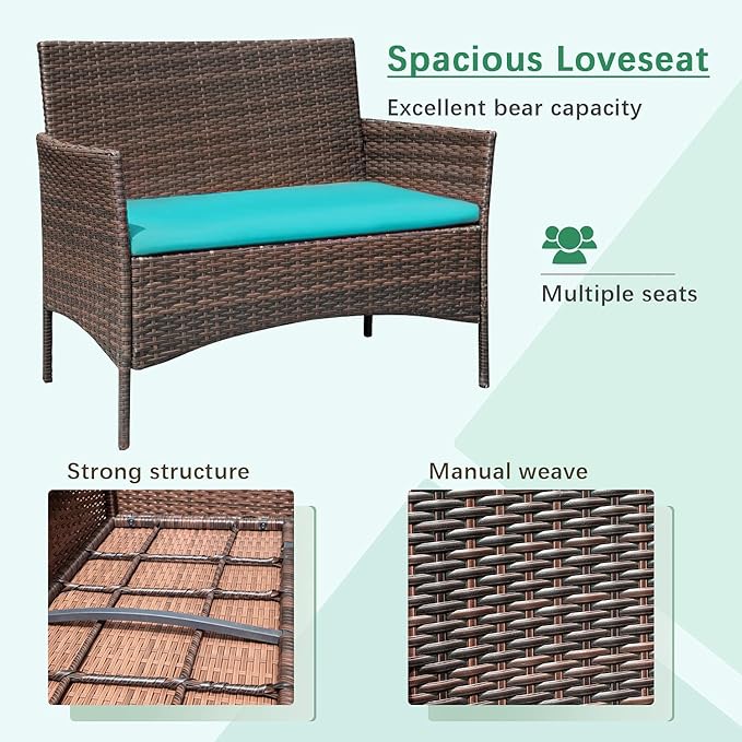 Greesum Patio Furniture 4 Pieces Conversation Sets Outdoor Wicker Rattan Chairs Garden Backyard Balcony Porch Poolside loveseat with Soft Cushion and Glass Table, Brown and Blue