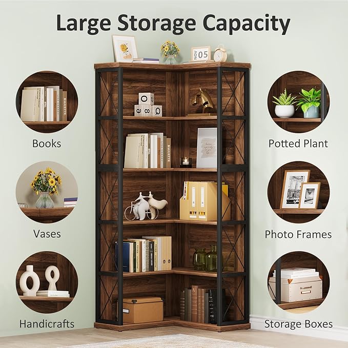 5-Tier L Shaped Bookshelf, Vintage Industrial Corner Bookcase, Large Tall Storage Shelves Display Rack with Metal Frame for Living Room, Home Office, Bedroom, Dark Walnut