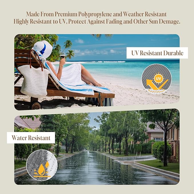 OMERAI Reversible Waterproof Outdoor Rug for Backyard,Plastic Textured Resistant Outdoors Rugs,Portable Washable Easy Cleaning Foldable Camping Beach Carpet for Patio Courtyard, 8'x10' Gray & White