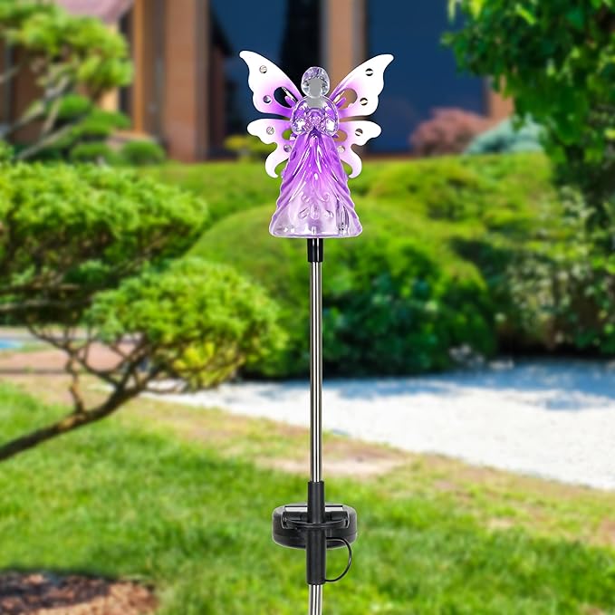 Exhart Garden Solar Lights, Decorative Angel Garden Stake, 12 LEDs, Cute Yard and Pathway Decor, Purple, 4 x 34 Inch