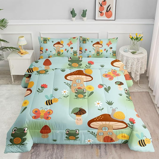 Cartoon Mushroom House Kids Comforter Bedding Set for Boys Girls, Green Grassland and Cute Frog Bee Print Comforter with 2 Pillowcases(Mushroom House Full)