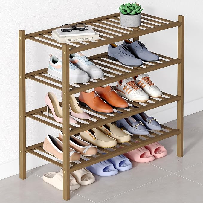 Smiry Bamboo Shoe Rack for Closet, 4 Tier Wooden Stackable Shoe Organizer, Free Standing Shoes Storage Shelf for Entryway, Front Door Entrance, Walnut