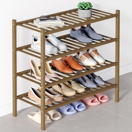 Smiry Bamboo Shoe Rack for Closet, 4 Tier Wooden Stackable Shoe Organizer, Free Standing Shoes Storage Shelf for Entryway, Front Door Entrance, Walnut
