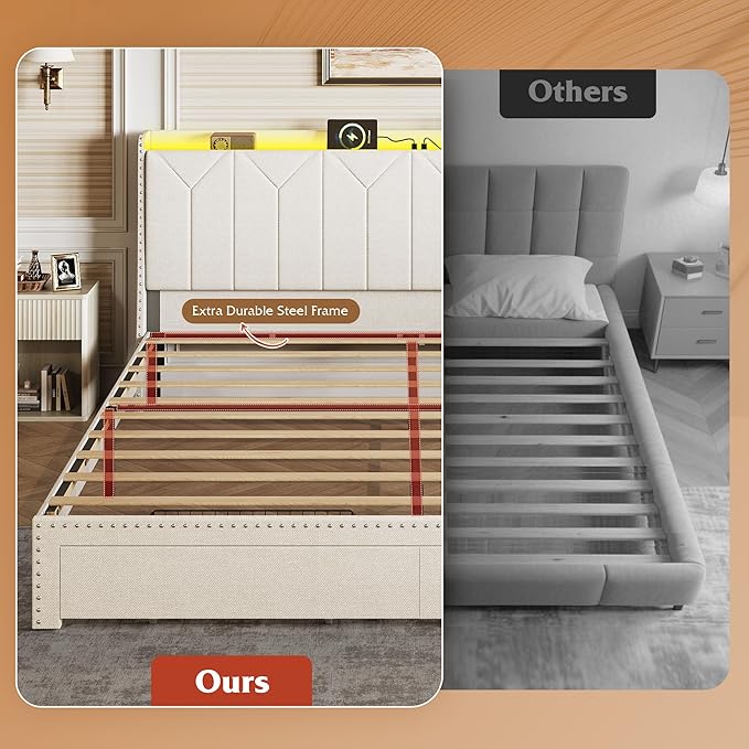 WLIVE King Size Upholstered Bed Frame with 2 Drawers, Linen Tufted Storage Headboard with Charging Ports and LED Light, Sturdy Metal & Wooden Slats Support, No Box Spring Needed, Beige