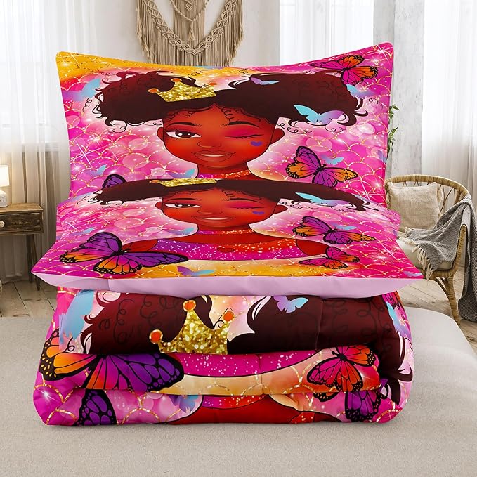 Tailor Shop Kawaii African American Black Girl Comforter Set Pink and Red Bedding Sets for Girls Kids Cute Magic Black Girl Bedding Set Mermaid Butterfly Comforter Twin Size with 1 Pillowcase…