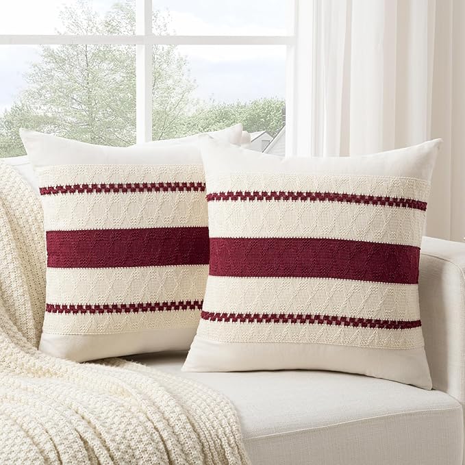 Fancy Homi Set of 2 Burgundy Boho Decorative Throw Pillow Covers 16x16 Inch for Couch Bed Sofa, Aesthetic Modern Farmhouse Christmas Room Decor, Soft Cotton Cute Textured Wind Red Cushion Case