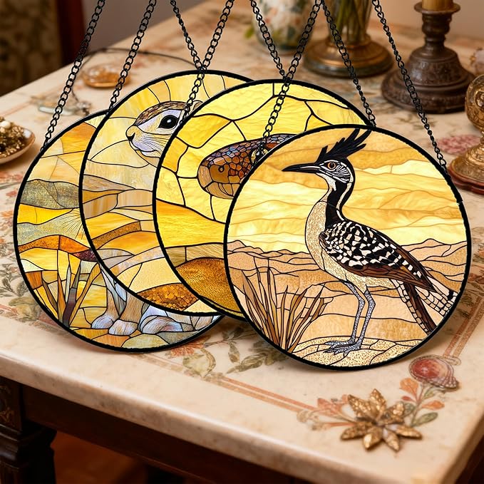 Stained Glass Window Hanging 4 Pcs Set Animals 9.8" - Desert Landscape Yellow Suncatcher Door Garden Sun Catcher Decor Birthday Christmas for Mom Woman Nana Men